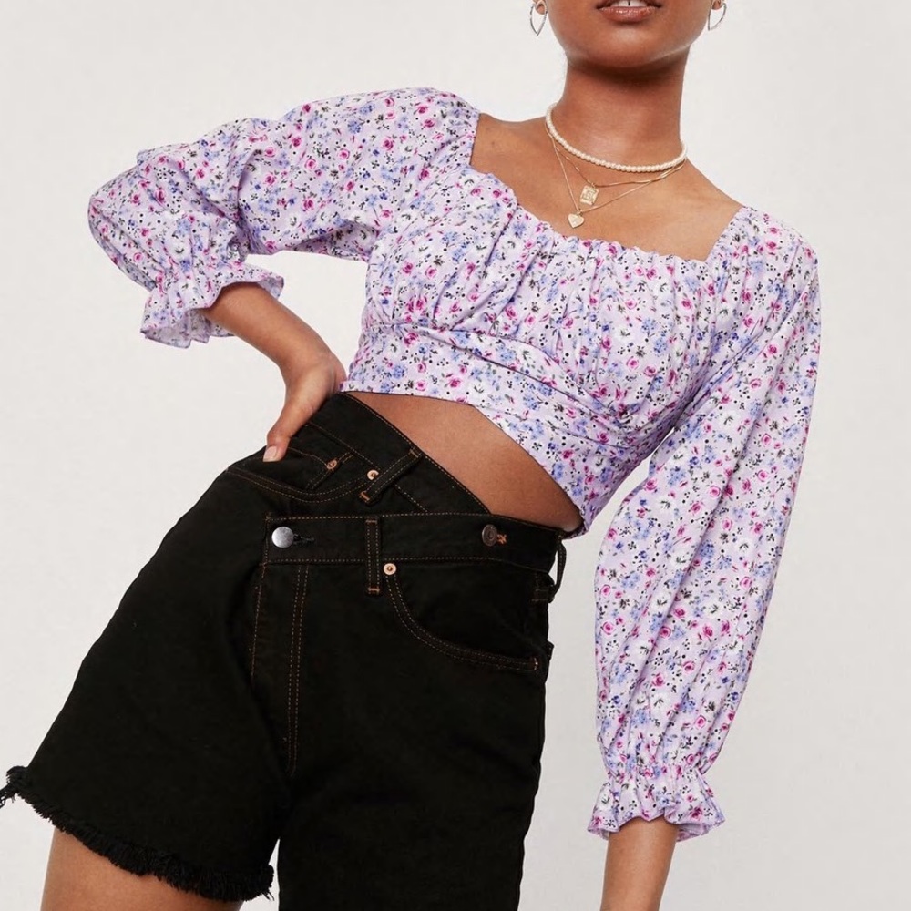 Floral Long Sleeve Cropped Blouse